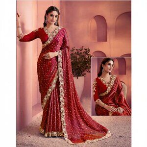 Exquisite Women's Embroidered Satin Silk Banarasi Red Saree - Luxury Ethnic Wear